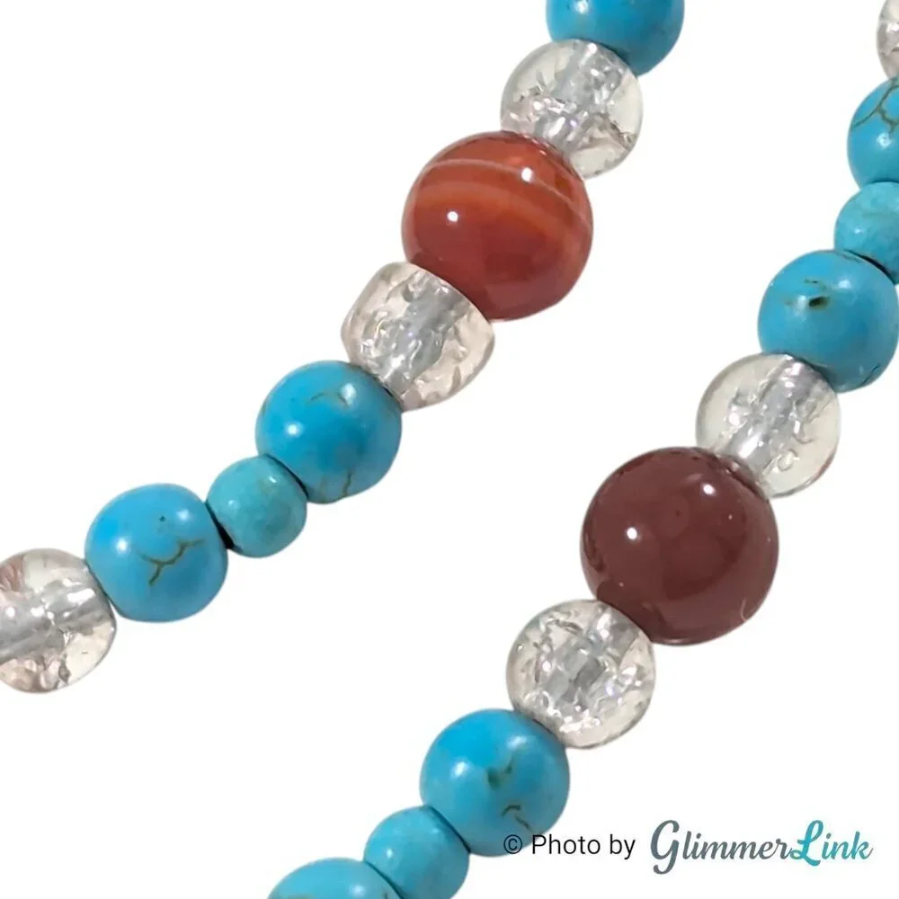 Teal Blue & Burnt Orange Gemstone Glass Beaded Silver Tone Necklace